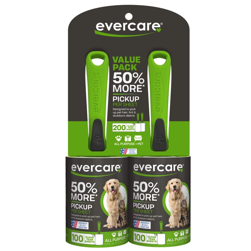 إيفركير بكرات الوبر لشعر الحيوانات الأليفة من Evercare تستخدم لجميع الأغراض 100 ورقة سهلة التمزق لكل لفة، بكرة لزجة قابلة لإعادة الاستخدام للحيوانات الأليفة والقطط والكلاب، مقبض محيطي لملابس الأثاث والسيارات، مجموعة من 2 باللون الأخضر - Image 1
